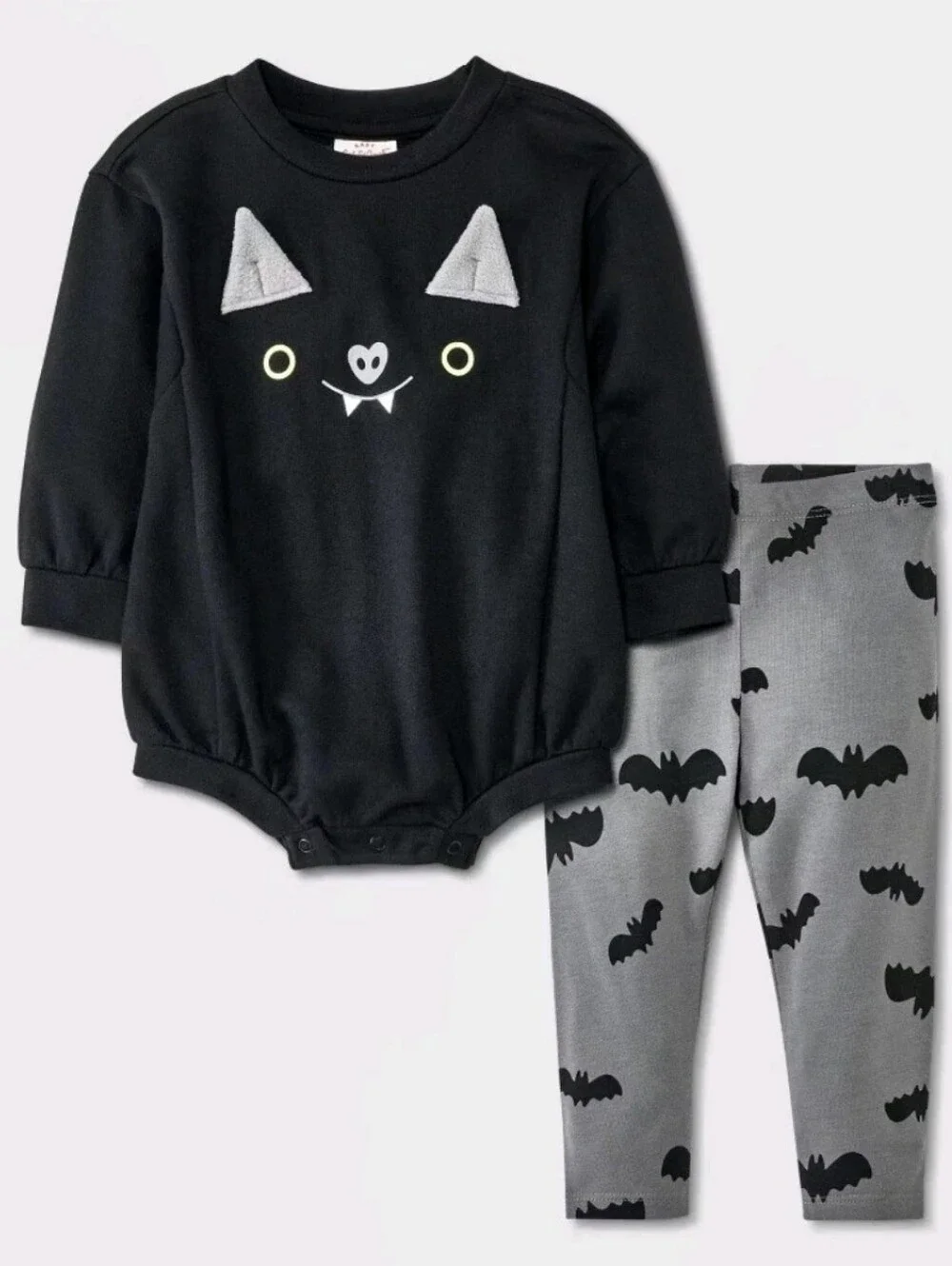 Cat & Jack Black Bat Face Bodysuit and Gray Bat Leggings Halloween Set 0-3m